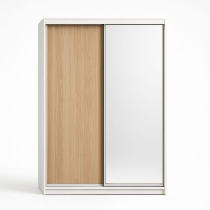 Armoire à Portes Coulissantes en Bois et Miroir Blanc/Chêne