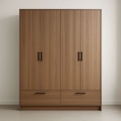 Armoire 4 Portes en Panneaux de Particules Marron avec 2 Tiroirs