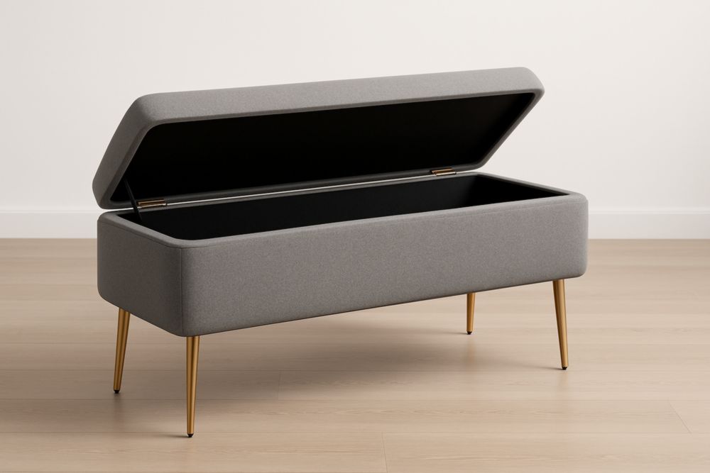 Banc de rangement en tissu gris avec pieds métalliques dorés
