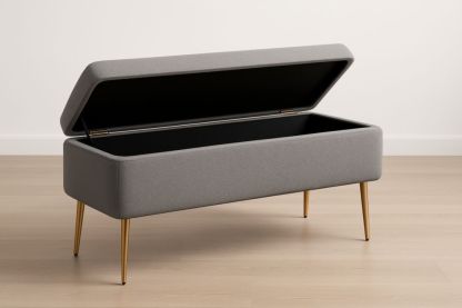 Banc de rangement en tissu gris avec pieds métalliques dorés