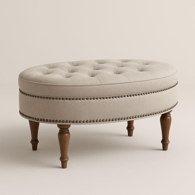 Tabouret ovale en tissu beige et bois