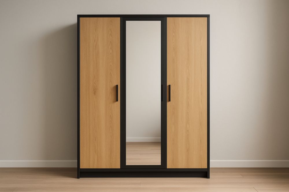 Armoire trois portes miroir en bois et noir avec panneau de particules