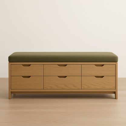 Banc de rangement en bois avec 6 tiroirs et assise verte 120x40x45 cm