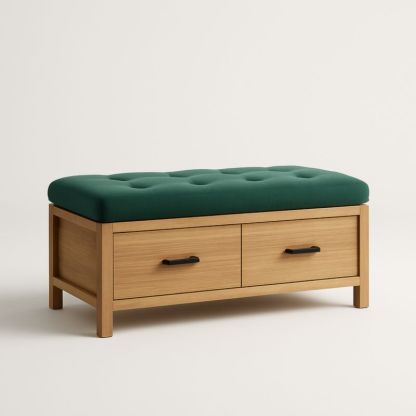 Banc de rangement en chêne avec coussin vert 80x40x45 cm