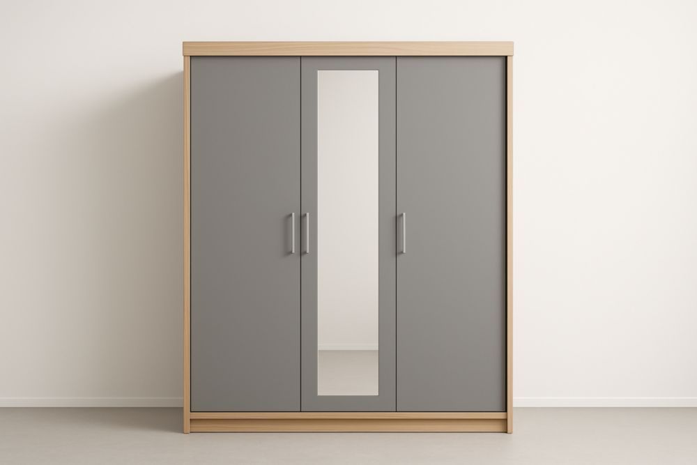 Armoire trois portes miroir en bois et gris
