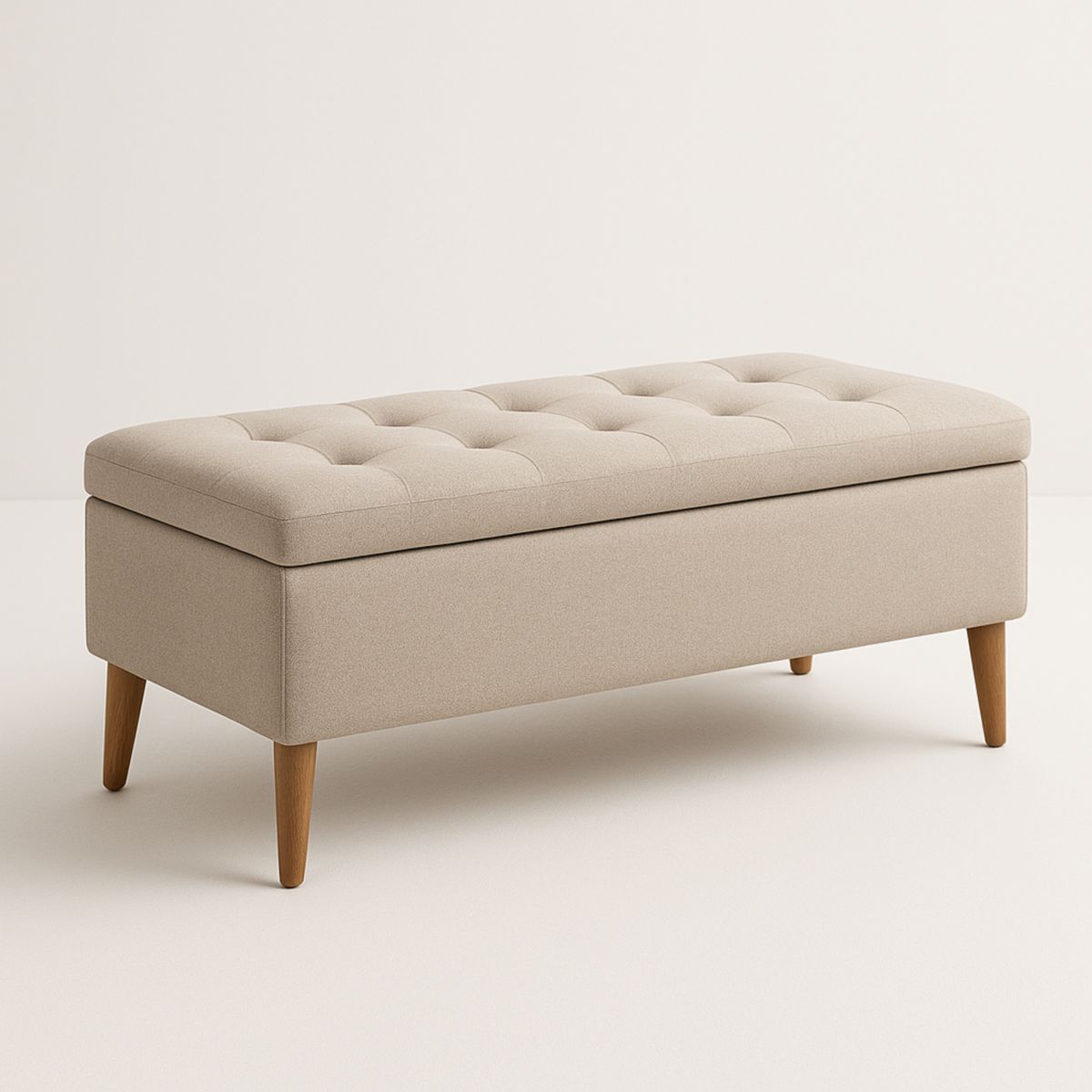 Banc de Rangement en Tissu Beige avec Pieds en Bois