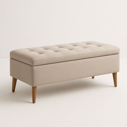 Banc de Rangement en Tissu Beige avec Pieds en Bois