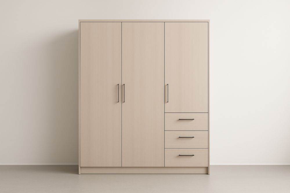 Armoire Trois Portes Bois Clair avec Tiroirs