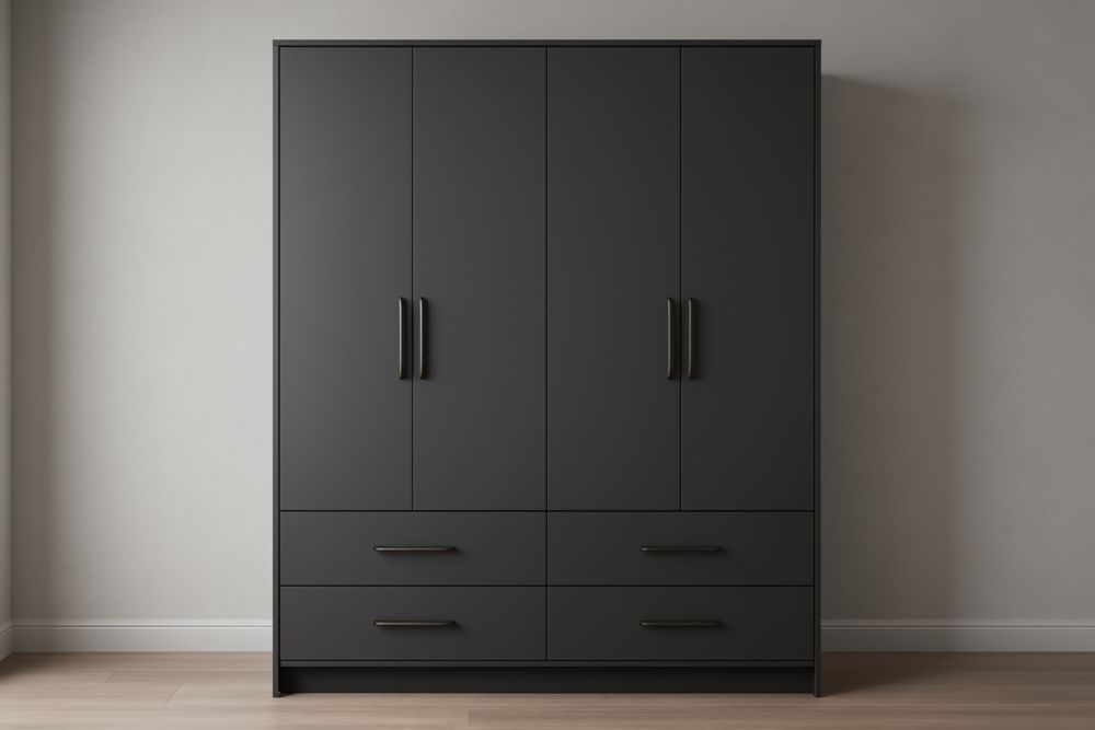 Armoire 4 Portes 4 Tiroirs Noir Bois Composite 200x160x50 cm
