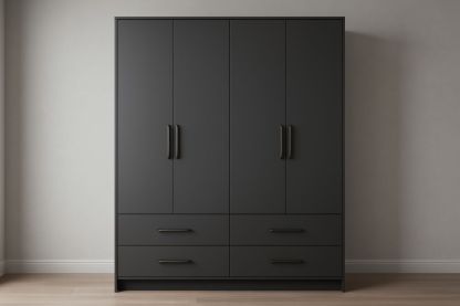 Armoire 4 Portes 4 Tiroirs Noir Bois Composite 200x160x50 cm