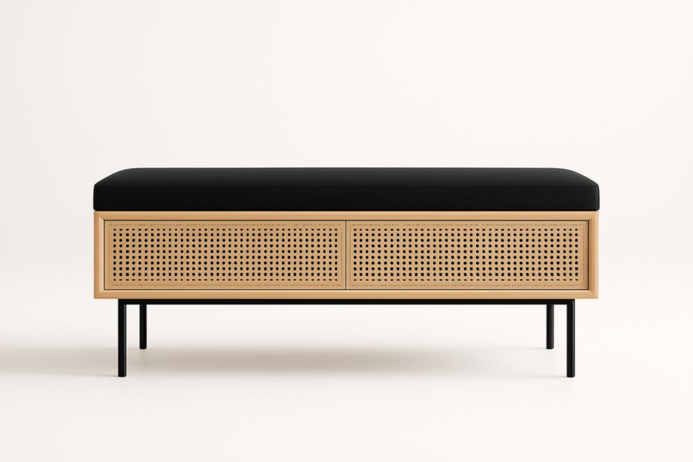 Banc d'entrée en bois avec rangement et coussin noir