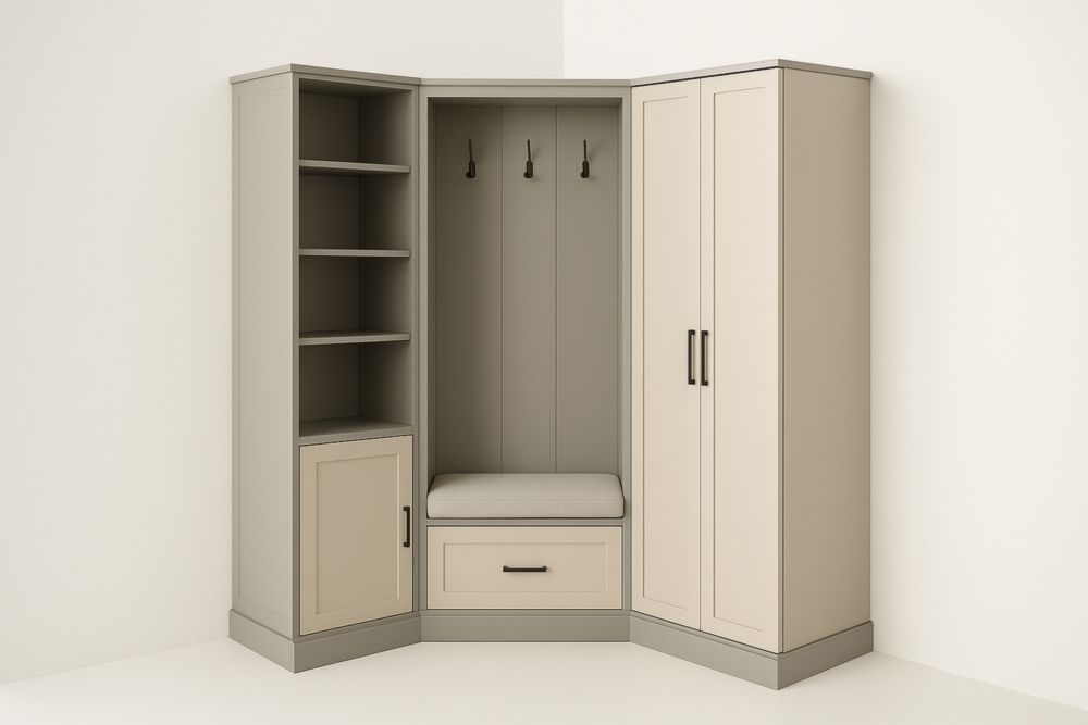 Armoire d'angle avec étagères et banc, bois, Beige/Gris