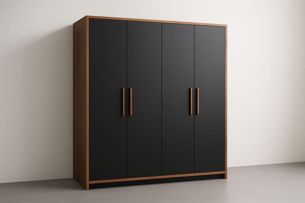 Armoire 4 portes en MDF Noir et Bois 180x60x200 cm
