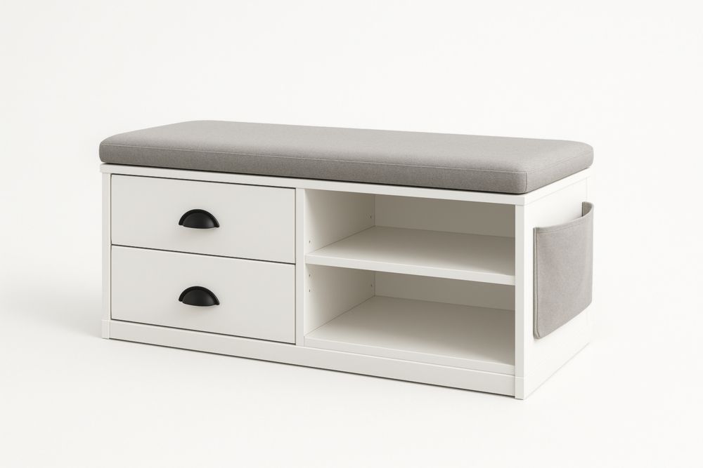 Banc d'entrée blanc avec rangement, coussin gris, 2 tiroirs et 2 étagères