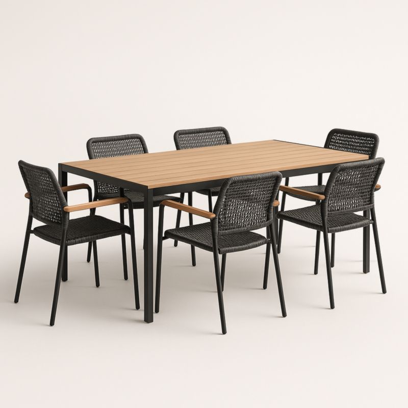 Set Tavolo da Pranzo con 6 Sedie in Alluminio e Rattan Sintetico