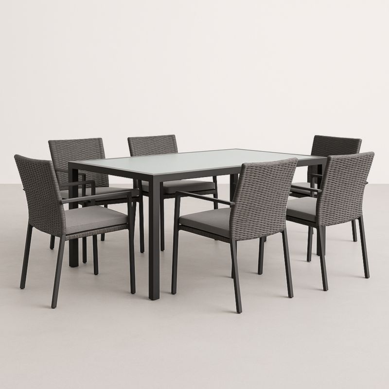 Set Tavolo da Giardino in Alluminio con 6 Sedie Vetro Rattan Grigio