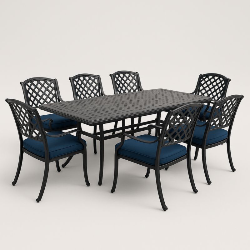 Set da pranzo in metallo con tavolo rettangolare e 7 sedie imbottite