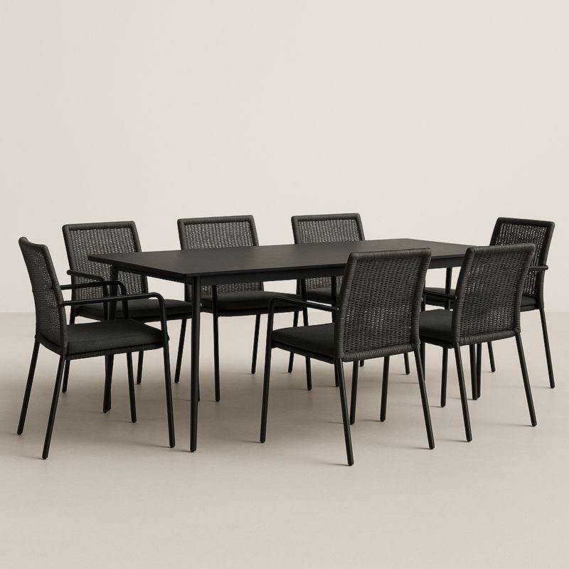 Set Tavolo e 7 Sedie da Pranzo Nero in Metallo e Rattan