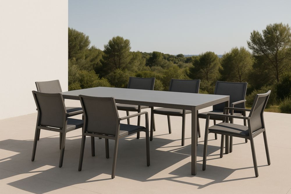 Set tavolo rettangolare e sedie da esterno in alluminio e poliestere grigio