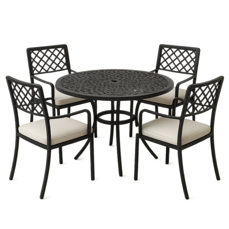 Set tavolo e sedie da esterno in alluminio nero con cuscini bianchi