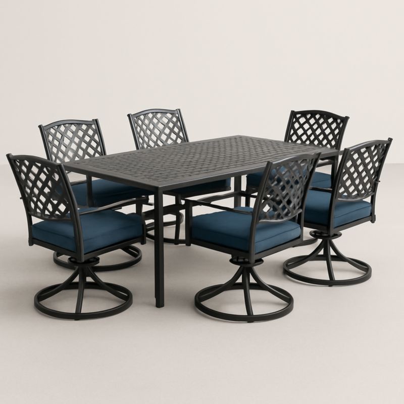 Set Tavolo e Sedie da Giardino in Alluminio Nero con Cuscini Blu