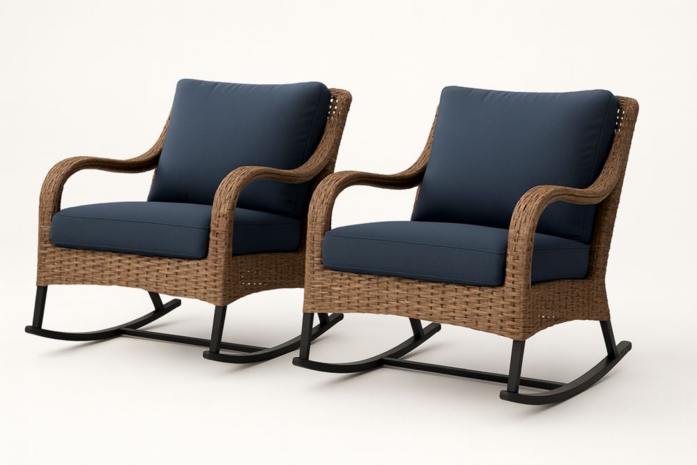 Set di 2 Poltrone a Dondolo in Rattan con Cuscini Blu