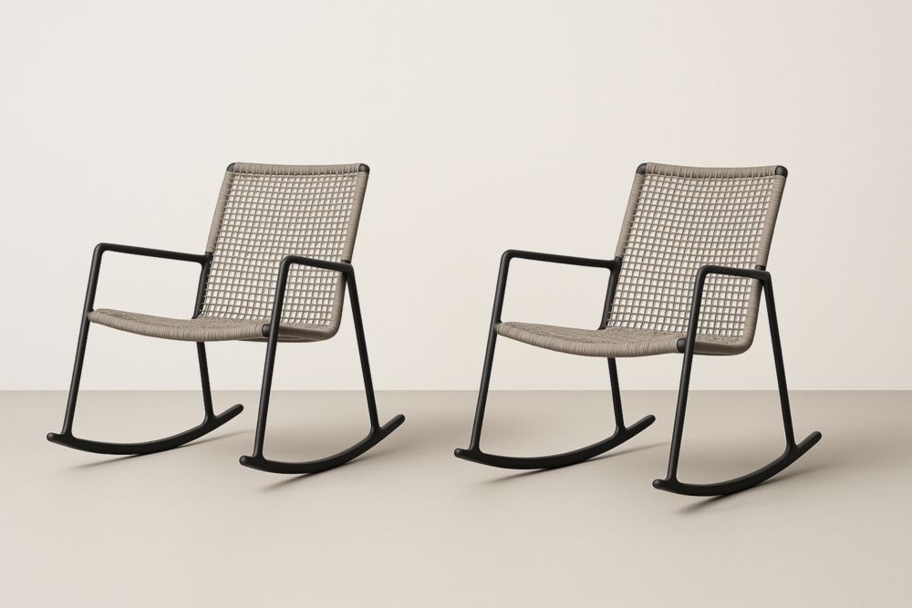 Set di 2 sedie a dondolo in acciaio e corda intrecciata