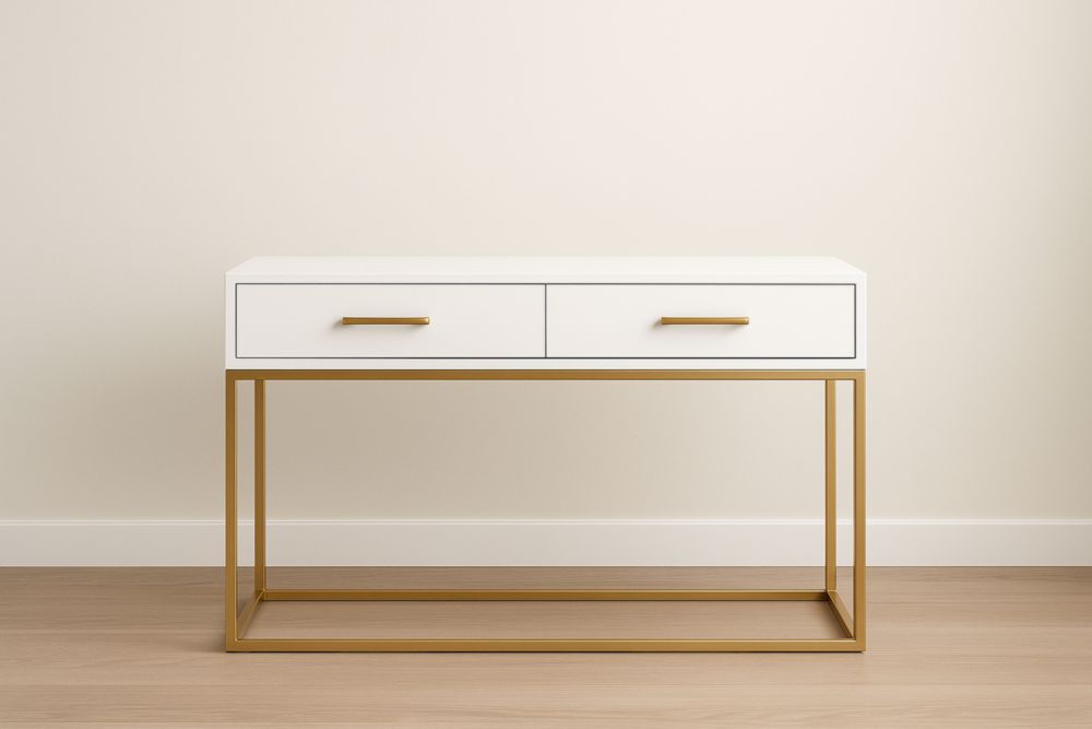 Table console en MDF et acier à 2 tiroirs Blanc/Doré