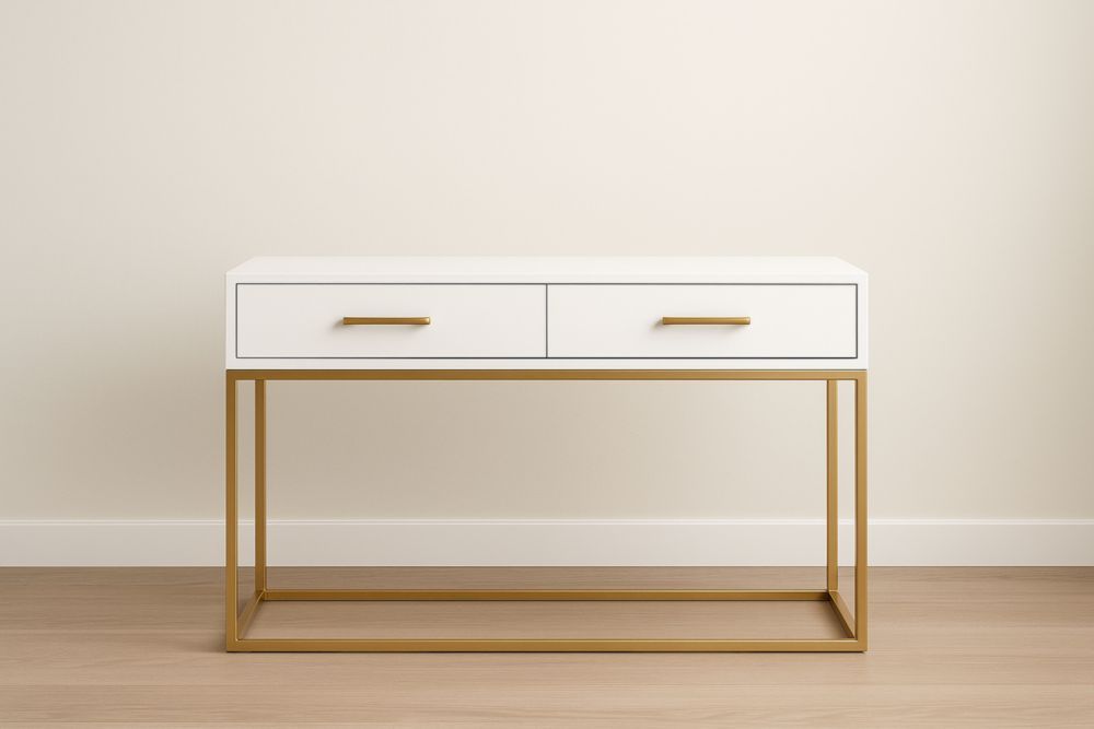 Table console en MDF et acier à 2 tiroirs Blanc/Doré