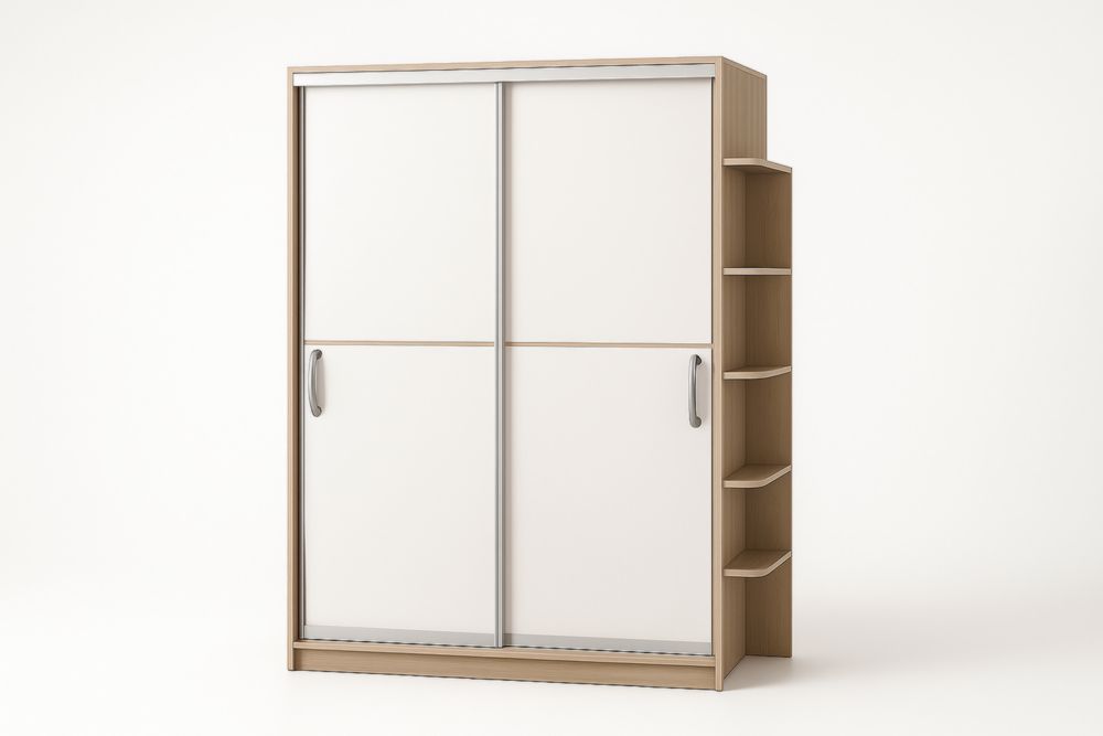 Armoire coulissante en bois et blanc avec étagères intégrées 220x150x60 cm