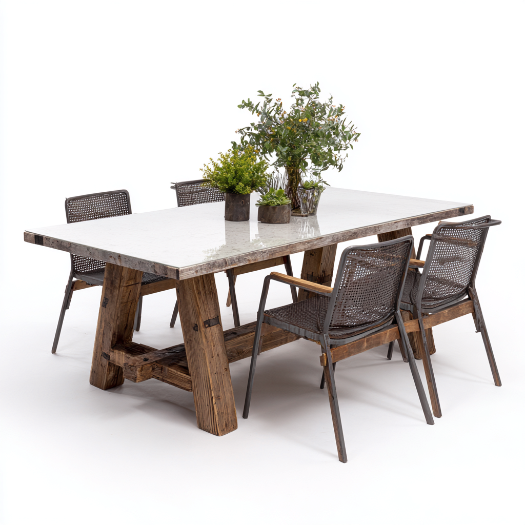 Tavolo e sedie Legno-Metallo 180x90x75 cm - Marrone-Bianco - Stile rustico-Craftgoloft