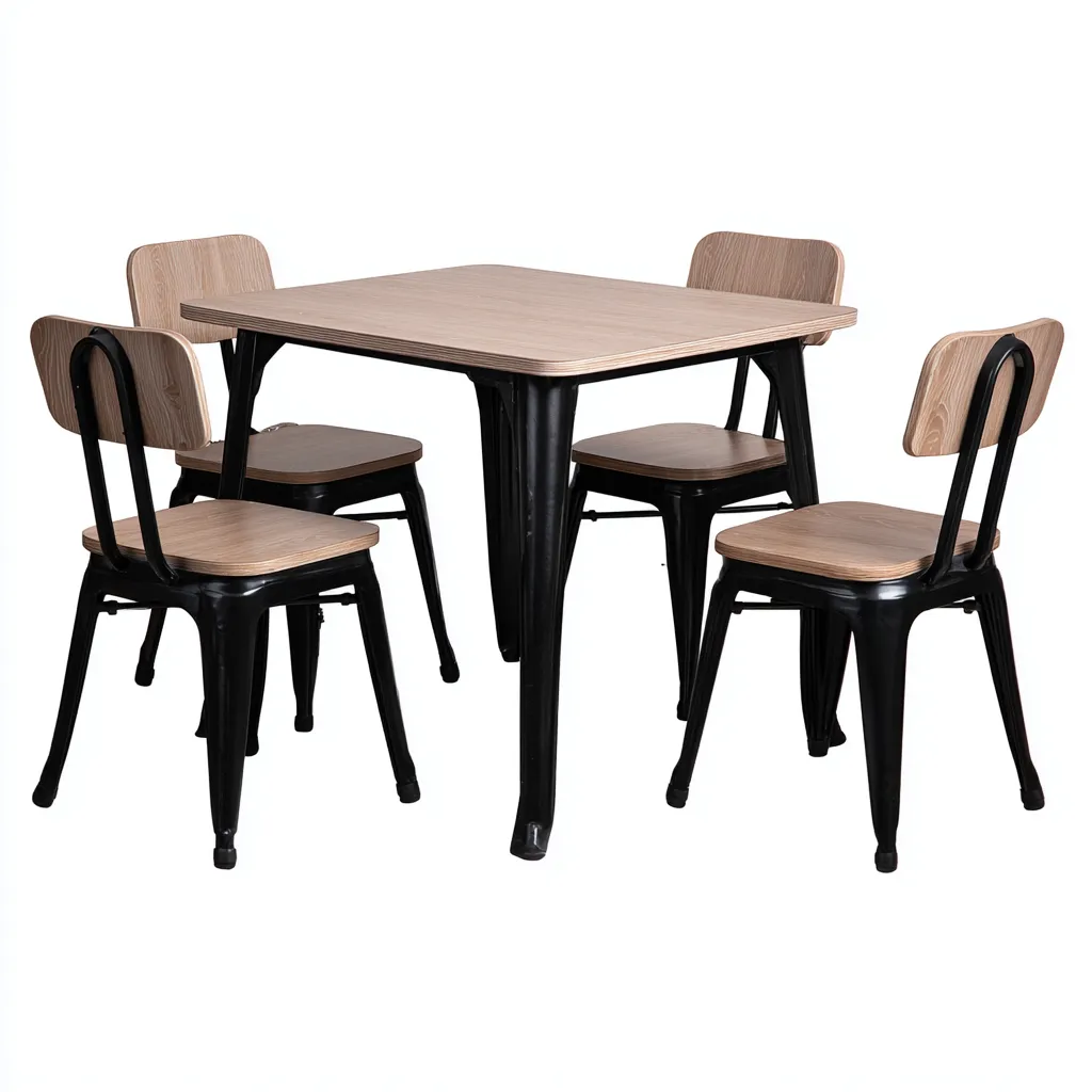 Tavolo e sedie metallo-legno 120x75x75 cm nero-legno naturale per sala da pranzo design moderno-Craftgoloft