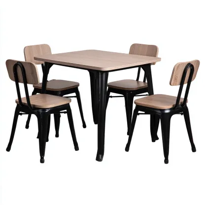 Tavolo e sedie metallo-legno 120x75x75 cm nero-legno naturale per sala da pranzo design moderno-Craftgoloft