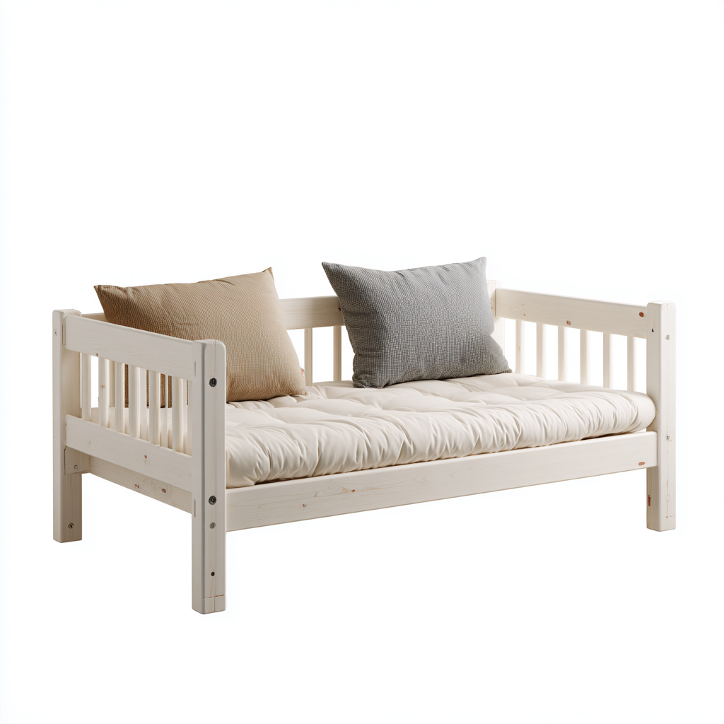 Divano letto 195x90x80 cm struttura in legno bianco con materasso beige - design semplice - per camera da letto-Craftgoloft
