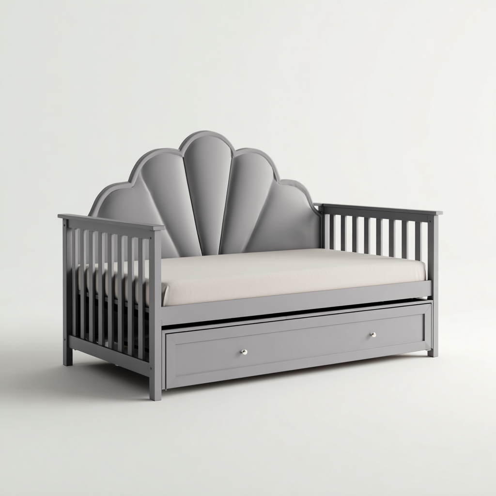 Divano letto struttura in legno grigio con testiera sagomata e cassetto 200x95x110 cm stile moderno-Craftgoloft