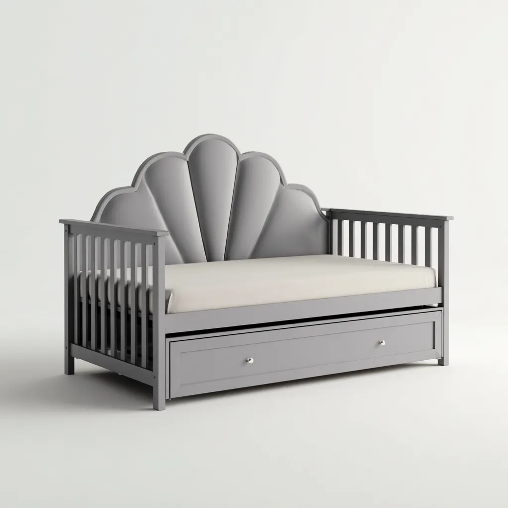 Divano letto struttura in legno grigio con testiera sagomata e cassetto 200x95x110 cm stile moderno-Craftgoloft