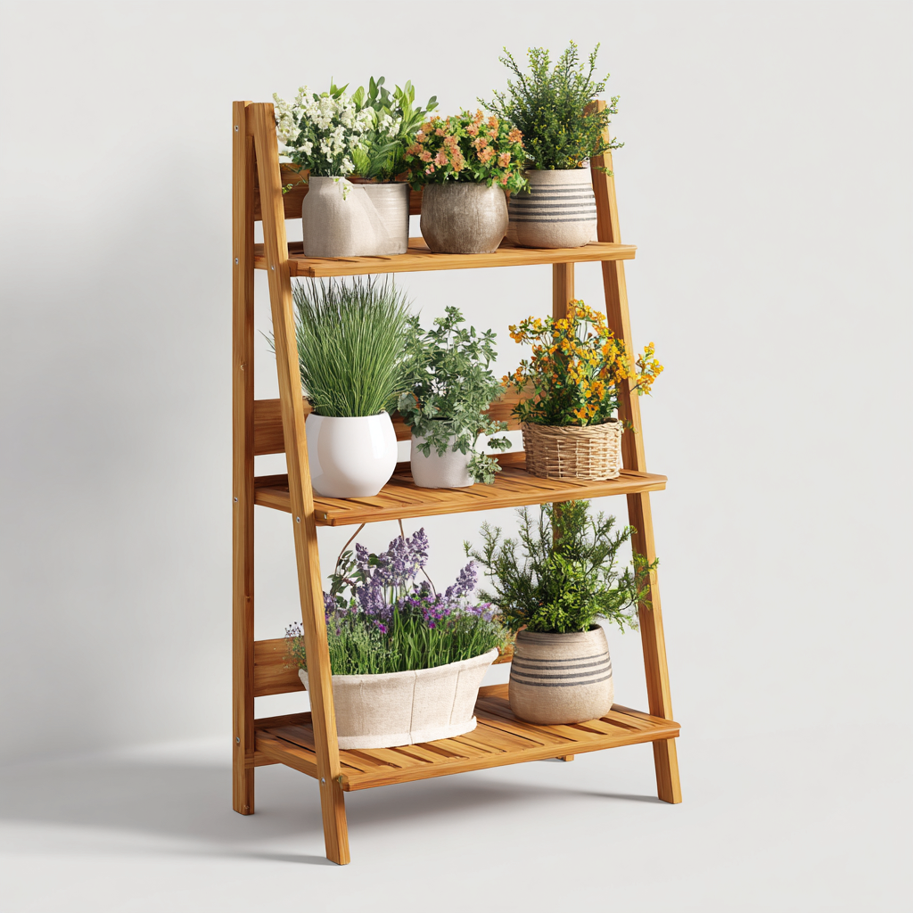 Vasi e supporti per piante 65x35x120 cm supporto in legno a tre ripiani - design naturale - per interni ed esterni-Craftgoloft