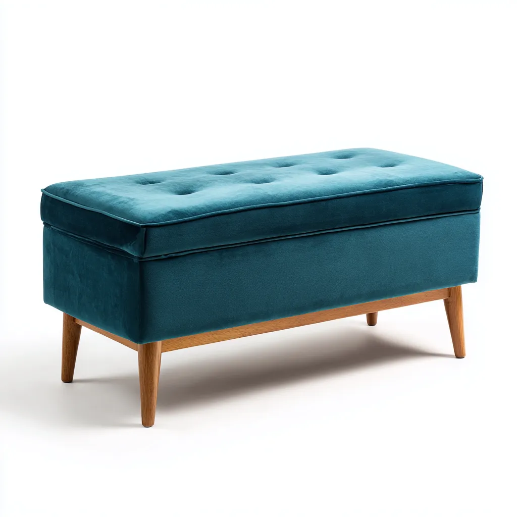 Panca per letto 100x40x45 cm seduta imbottita in velluto blu petrolio e gambe in legno naturale - stile moderno - per camera da letto-Craftgoloft