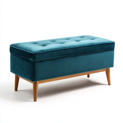 Panca per letto 100x40x45 cm seduta imbottita in velluto blu petrolio e gambe in legno naturale - stile moderno - per camera da letto-Craftgoloft