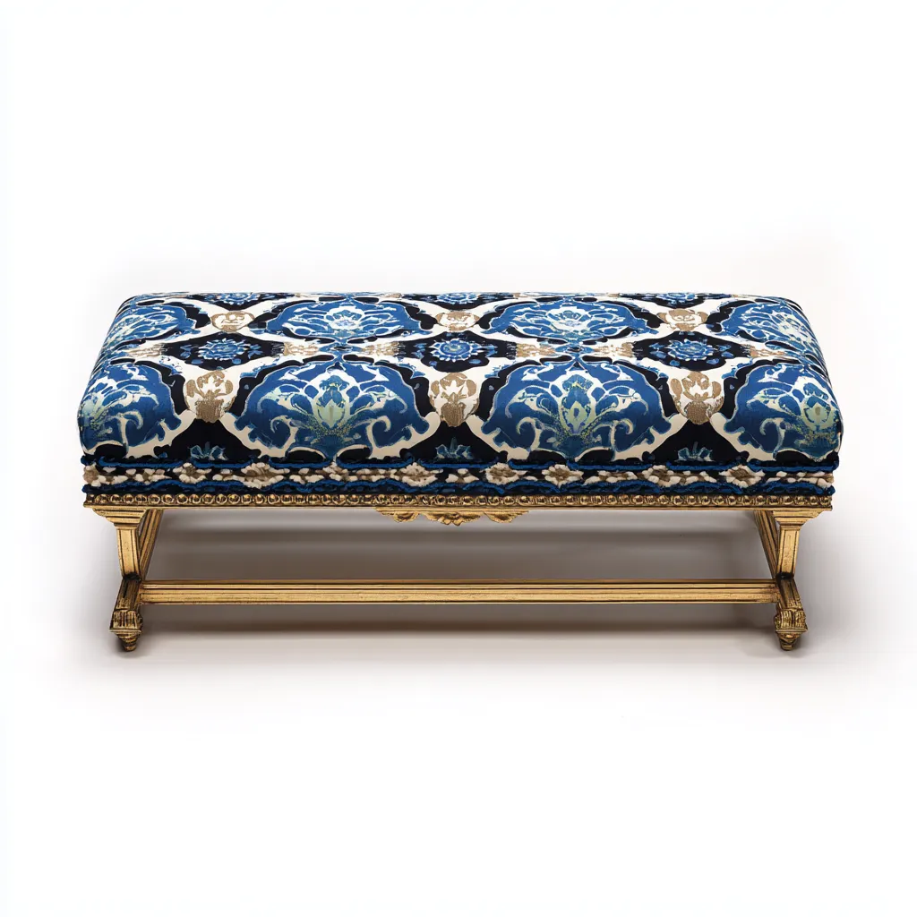 Panca per letto imbottita decorativa 118x40x48 cm - blu-nero-oro - stile classico-Craftgoloft