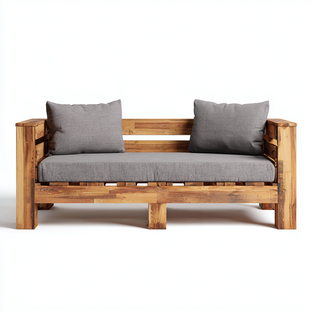 Divano letto 200x85x80 cm struttura in legno naturale con cuscini grigi - stile rustico - per camera da letto-Craftgoloft