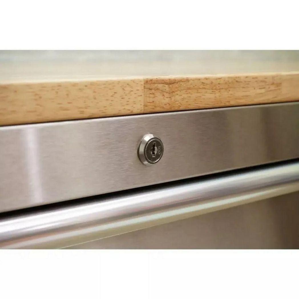 Établi mobile de 72 po, 18 tiroirs et 24 po de profondeur, en bois massif et acier inoxydable