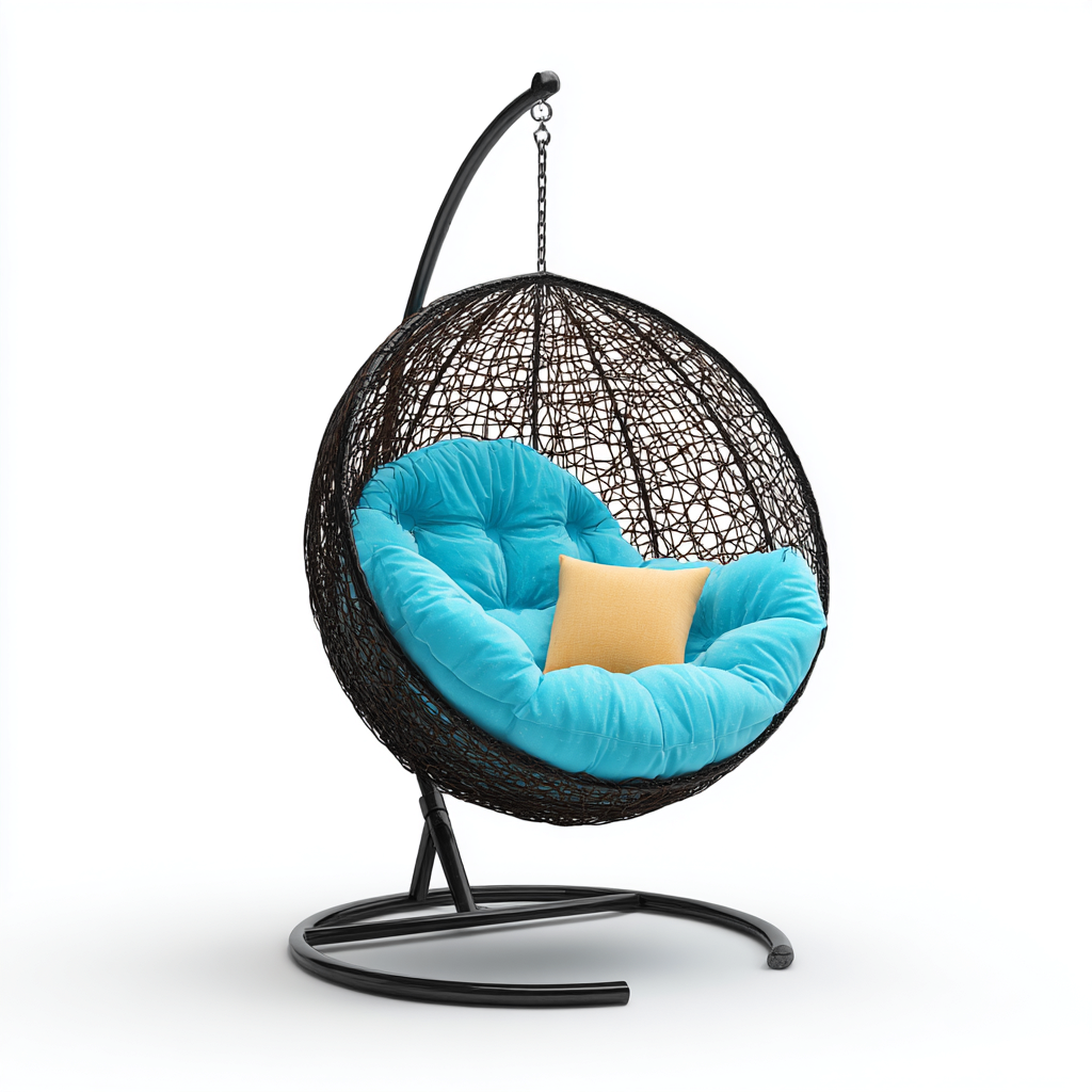 Poltrona sospesa da giardino-rattan-metallo-tessuto-105x102x195cm-nero-azzurro-design moderno-Cottagonest