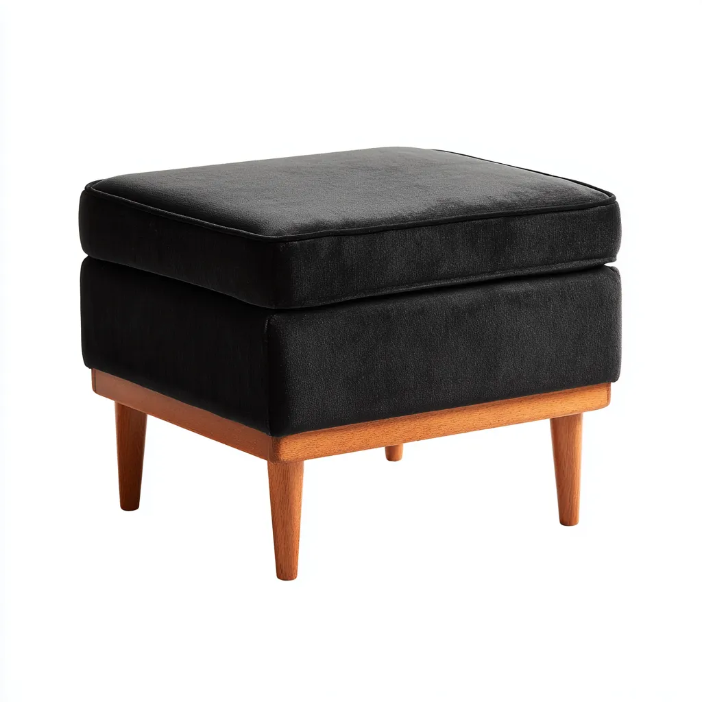 Pouf - tessuto-legno - 52x52x45 cm - nero-naturale - design moderno-Cottagonest