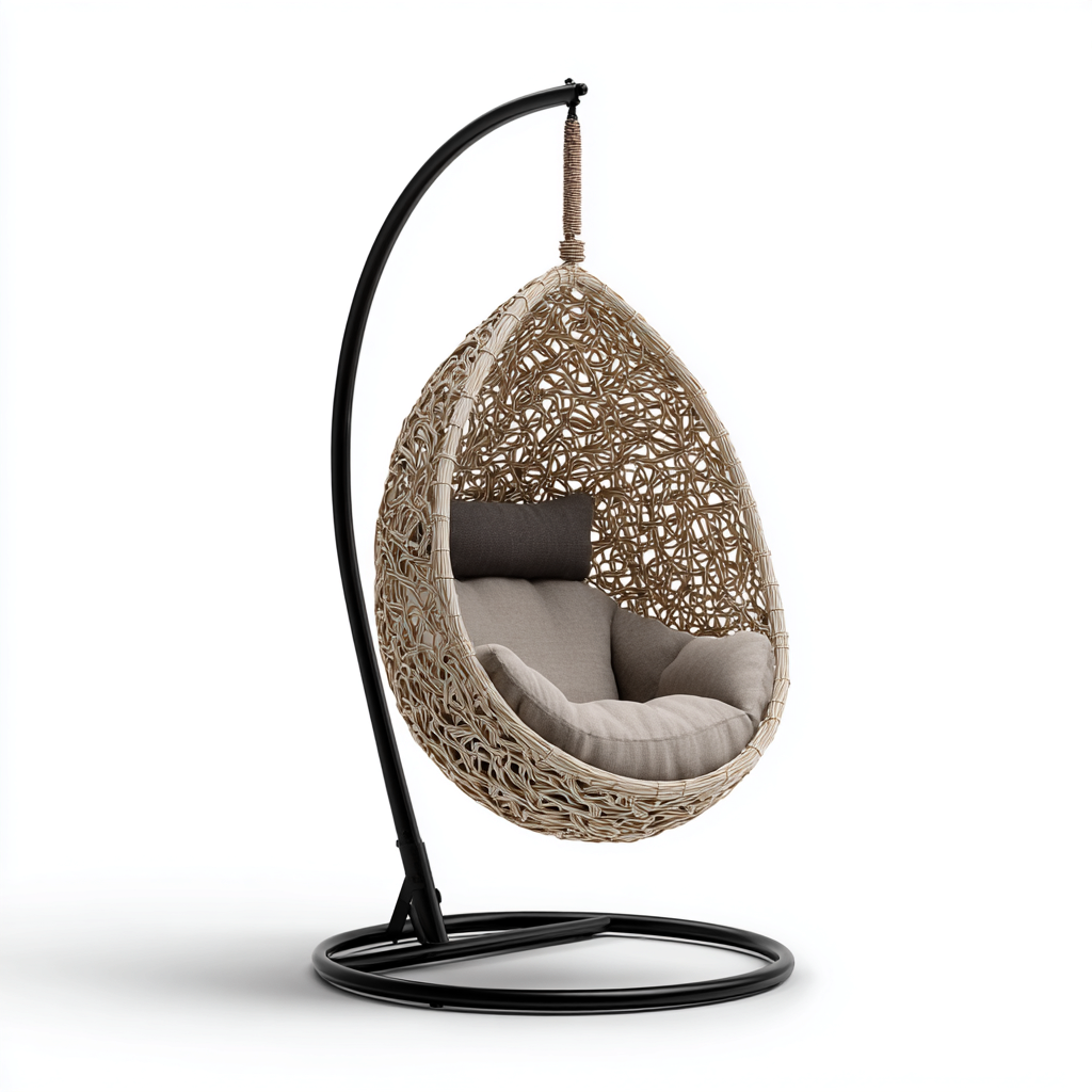 Poltrona sospesa da giardino-rattan-metallo-tessuto-110x100x188cm-naturale-grigio-design moderno-Cottagonest