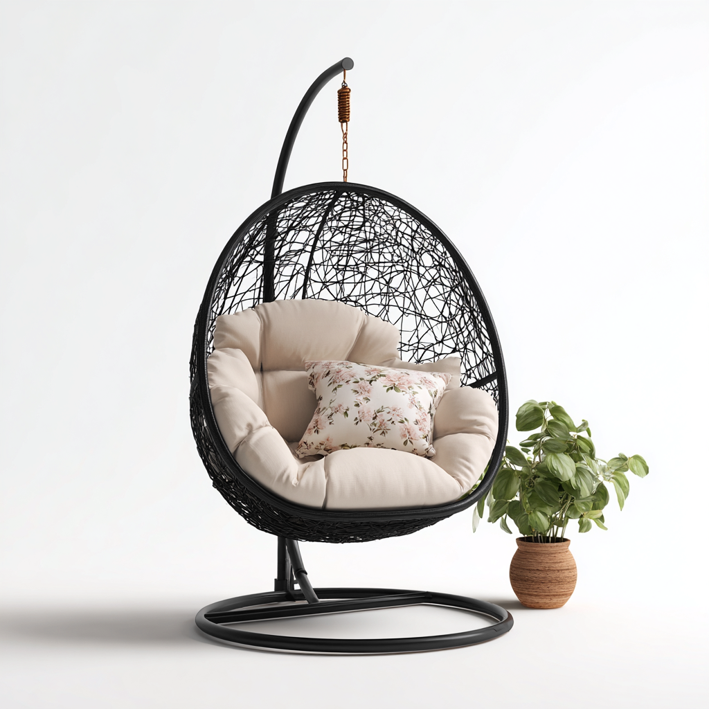 Poltrona sospesa da giardino-rattan-metallo-tessuto-108x103x190cm-nero-beige-design moderno-Cottagonest