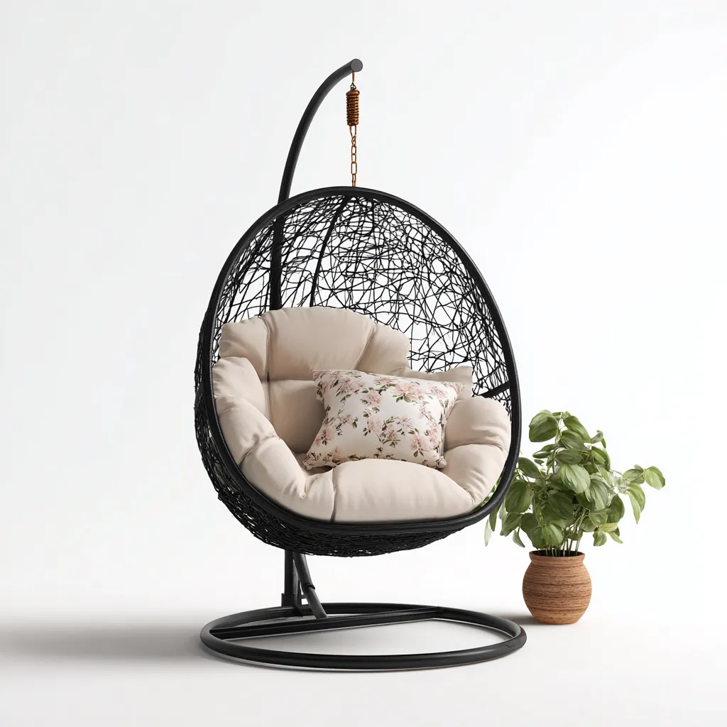 Poltrona sospesa da giardino-rattan-metallo-tessuto-108x103x190cm-nero-beige-design moderno-Cottagonest