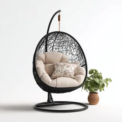 Poltrona sospesa da giardino-rattan-metallo-tessuto-108x103x190cm-nero-beige-design moderno-Cottagonest