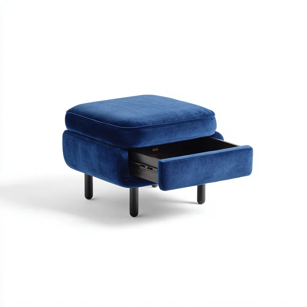 Pouf - tessuto-metallo - 60x60x44 cm - blu-nero - design con cassetto-Cottagonest
