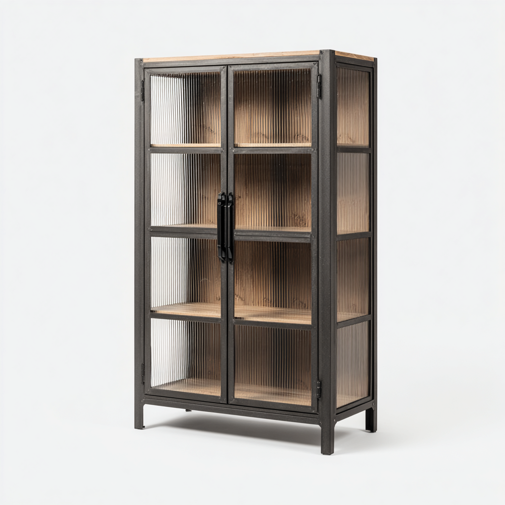 Vetrina-metallo-legno-vetro-95x42x178cm-nero-rovere-design industriale-Cottagonest